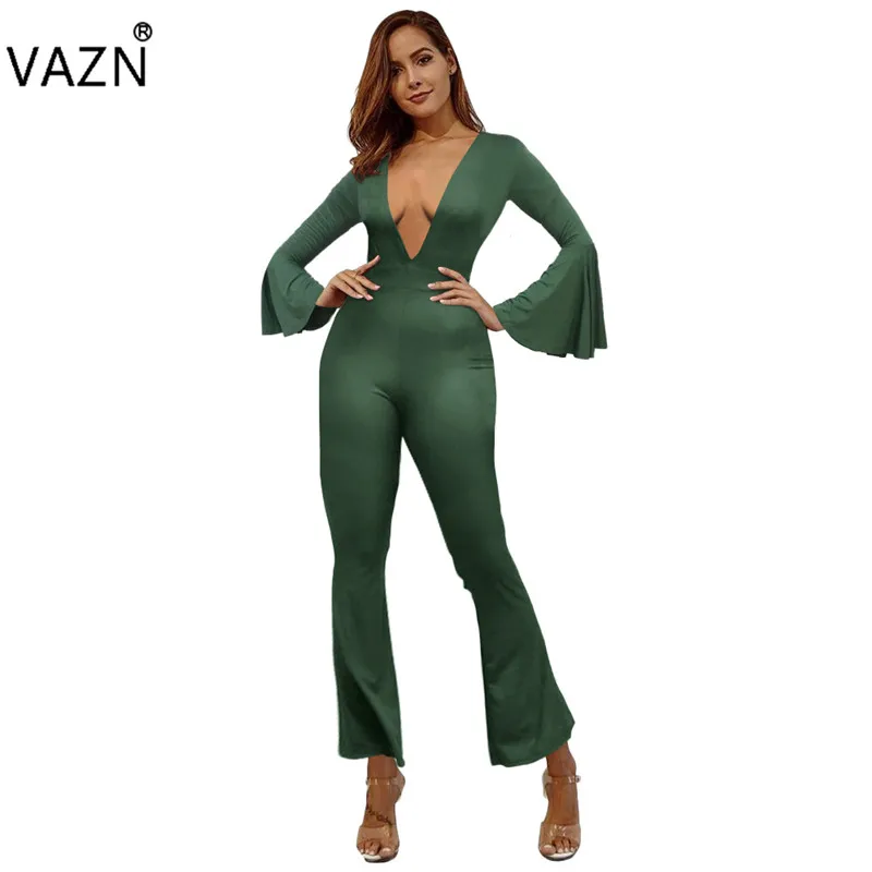 VAZN FM1125 Новые комбинезоны Yong Lady Of Note пикантные офисные модные однотонные с открытым глубоким v-образным вырезом и длинными рукавами женские тонкие ботинки комбинезон с вырезами