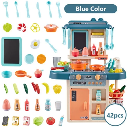 42 шт. ролевые игры кухонные игрушки Моделирование воды спрей музыка кухонная посуда кулинарные Игрушки для девочек дом игра - Цвет: Music Kitchen Blue