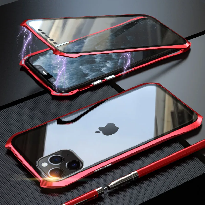 Роскошное магнитное закаленное стекло с Бэтменом чехол для iPhone 11 Pro Max 11 чехол противоударный двухсторонний прозрачный стеклянный металлический бампер Funda - Цвет: Red