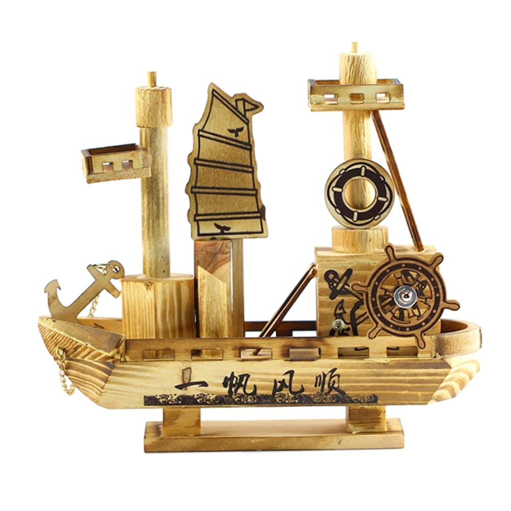 Creative Home Decoration, Wooden Crafts Sailing Figurine Small Wooden Boat Music Box, Ornaments Sailing Model Gift