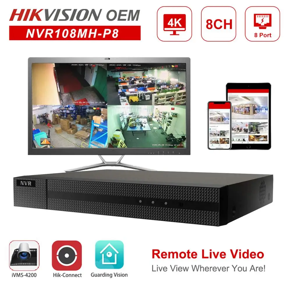 - Hikvision OEM POE NVR Anpviz 4K 8MP 8CH Network Video Recorder 8 POE H265 HikConnect Network Management Up to 6TB Onvif