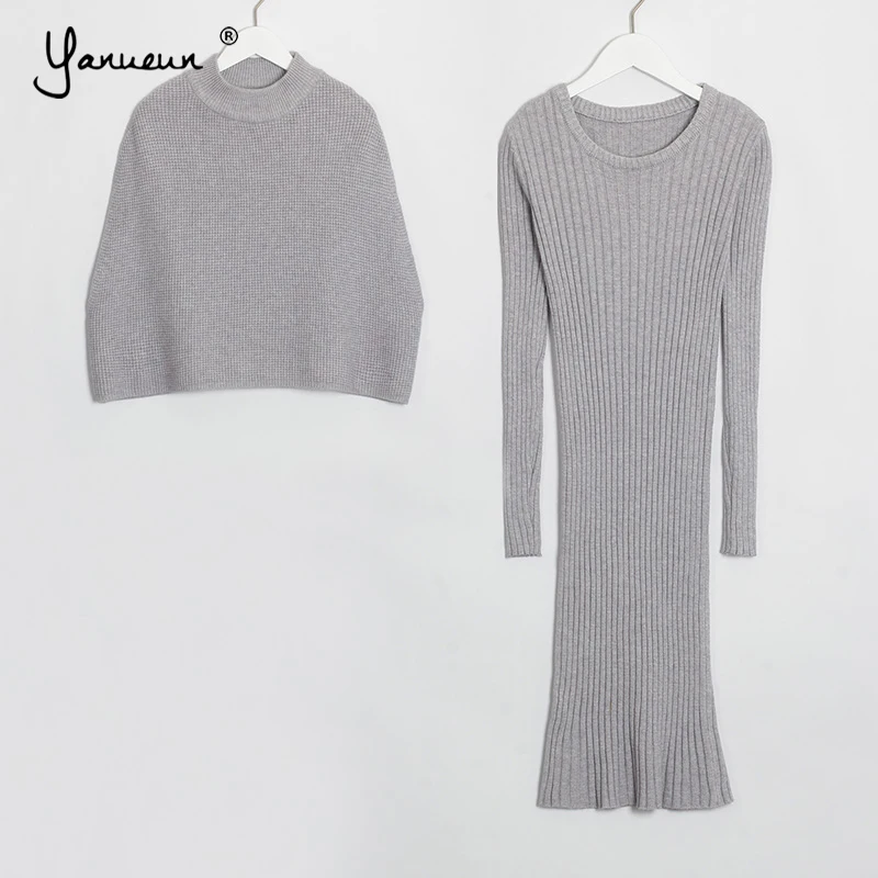 

Yanueun Sweater Dress Sets Solid Knee Length Long Sleeve Bodycon Dress Women Stylish Casual New Autumn Winter Two Piece Set