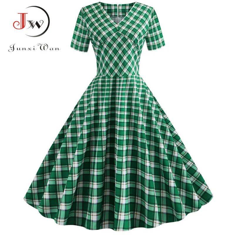 

Plaid Print Short Sleeve Summer Vintage Dress Women 2019 Casual V neck Elegant Slim Office Party vestidos Robe Femme Plus Size