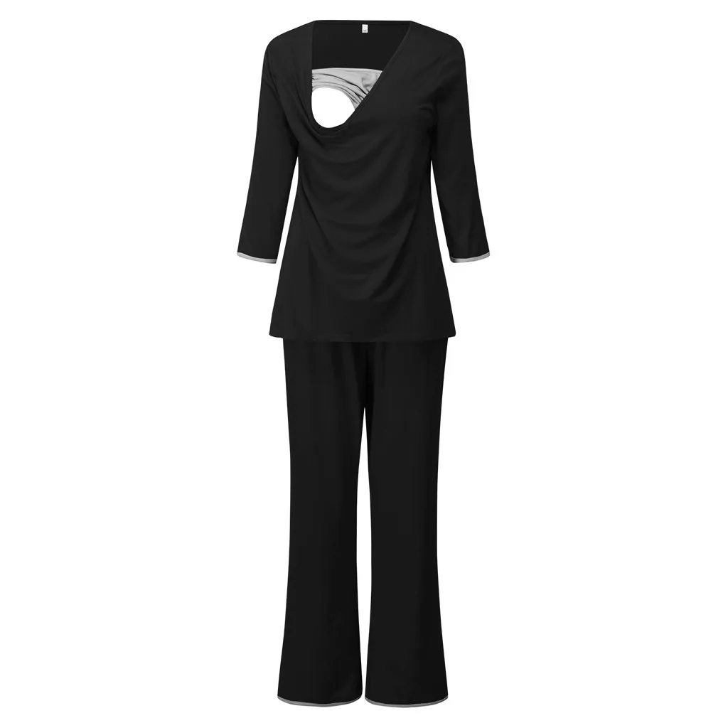 Женская одежда для беременных; коллекция 3/4 года; Пижама для кормящих мам с длинными рукавами; Одежда для кормящих; футболка; топы+ брюки; пижамный комплект; костюм для беременных;# SH - Цвет: Black