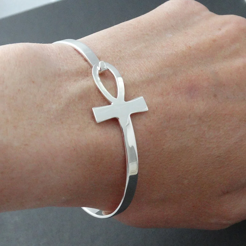 Women's Cross Bracelets, Anti Allergy Stainless Steel Key of Life Bangle Bracelet, Female Egypt Religious Wristband Jewelry
