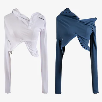 

Embroidered Letter Knitted T Shirt Long Sleeve Off Shoulder Button Upside Down Irregular Short Knitted T-shirt Female Tops