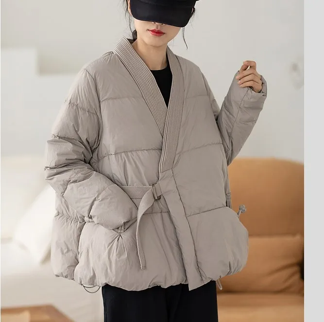 90 White Duck Down Jacket Super Soft V-neck Tie Design Slanted Buckle Jacket