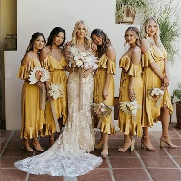 Желтое платье подружки невесты с рюшами, платье на тонких бретельках для гостей, свадебное платье для вечеринки, короткое спереди, длинное сзади, платья подружки невесты, vestido dama honor