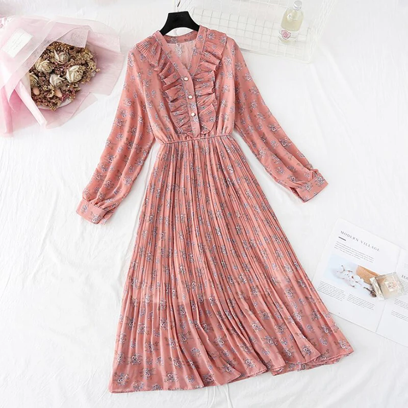 

2020 Spring Summer Pleated Chiffon Dresses Women Vintage V-neck Ruffles Long Dress Long Sleeve Floral print Office Dress Vestido