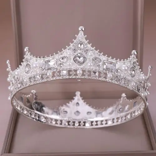 Серебристый Винтажные стразы, искусственный жемчуг, Королевская корона, повязка на голову, свадебные головные уборы для невесты, головной убор, украшение для волос, аксессуар, рождественский подарок - Цвет: Серебристый