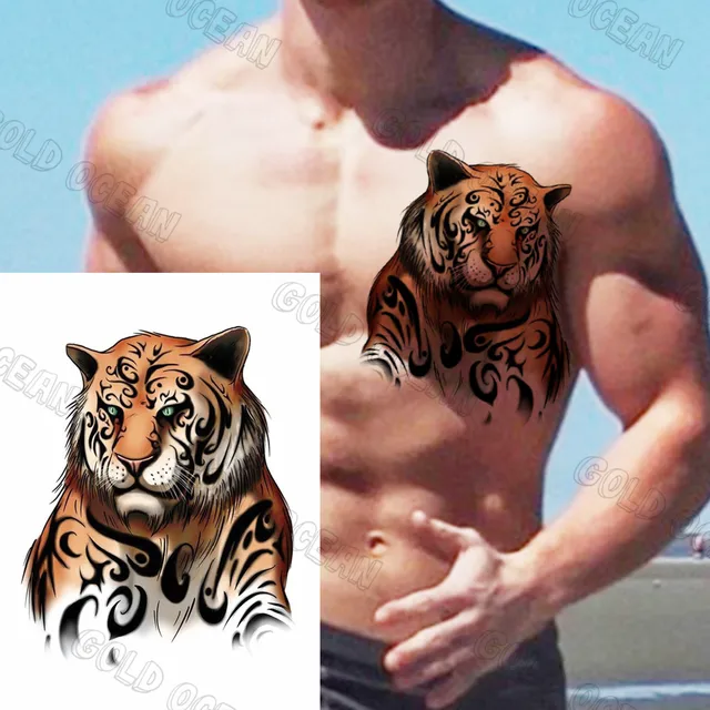 Tatouage temporaire Lion aquarelle 3D grande taille pour hommes adultes, tigre réaliste, autocollant de transfert, Art corporel 6