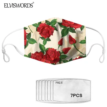 

ELVISWORDS Floral Design Women Muffle Red Rose Flower Print PM2.5 Mouth Mask 7PCS Filter Dustproof Reusable Washable masque