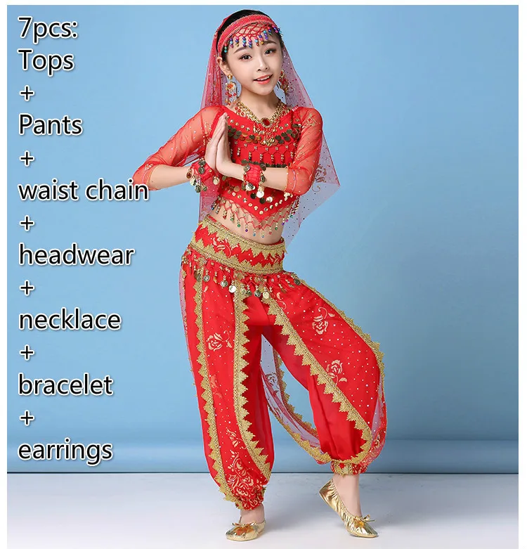 7pcs red Костюм для танца живота, комплекты для девочек, детское платье для индийского танца, детская танцевальная одежда Для Болливуда, одежда для восточных танцев - Цвет: 7pcs red