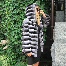

Medium Length Natural Rex Rabbit Fur Coat with Hood Thick Warm Fur Overcoat Luxury Women Genuine Rex Rabbit Fur Jacket Female