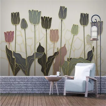 

Large 3D wallpaper mural custom modern light luxury plant golden embossed lines TV sofa background wallpaper mural