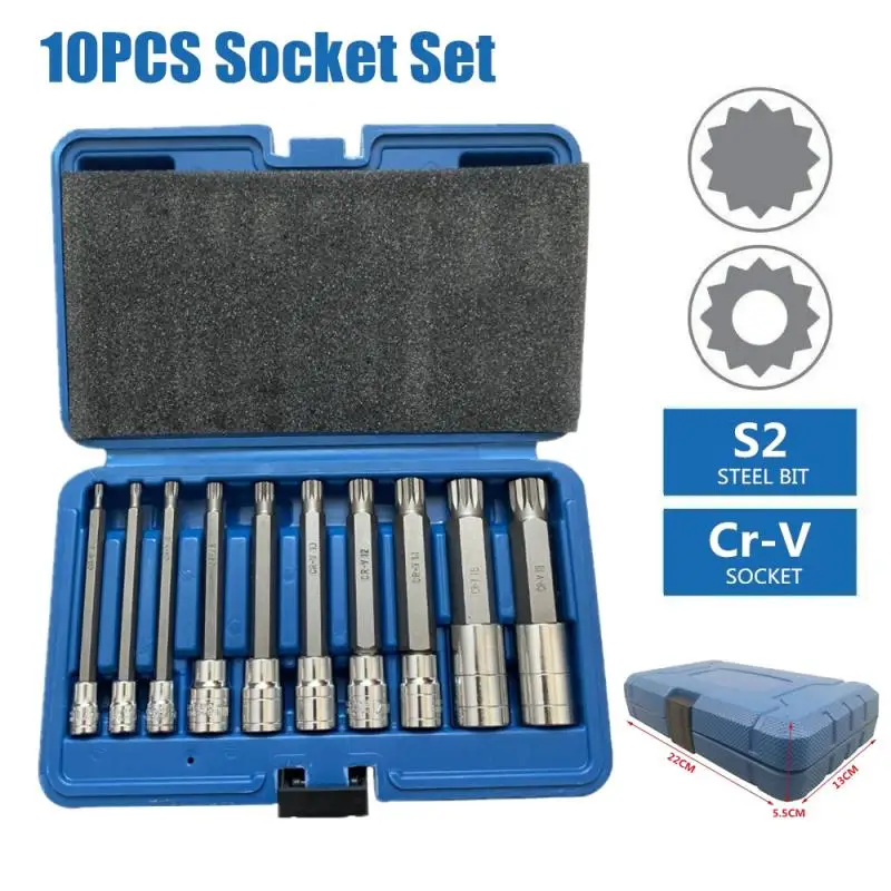 

10 in 1 Socket Set Kit 12 Point Drive Deep Impact Socket Set Drive Attachment Triple Square Spline Bit Sockets XZN Garage Tool