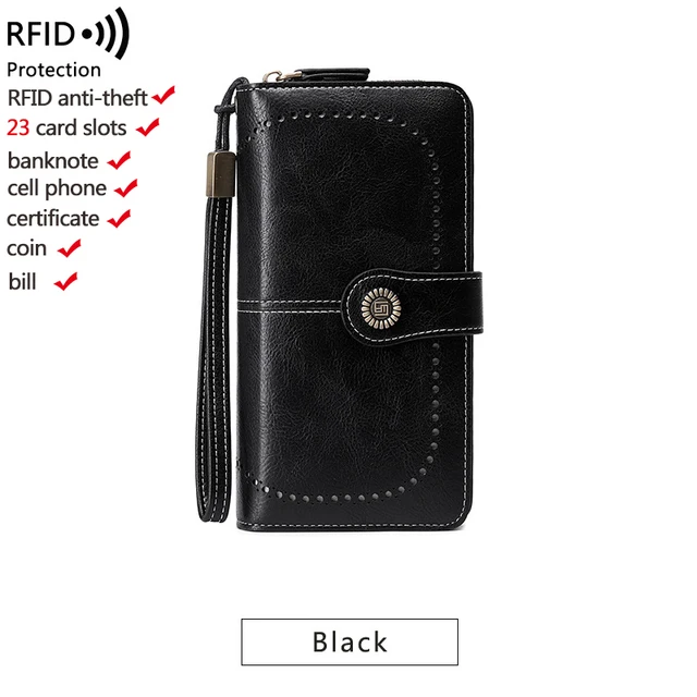 High Quality Women Wallet RFID Anti-theft Leather Wallets For Woman Long Zipper Large Ladies Clutch Bag Female Purse Card Holder w005-black