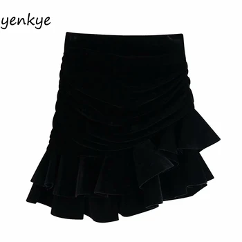 

Vintage Black High Waist Ruffle Velvet Mini Skirt BBWM9799