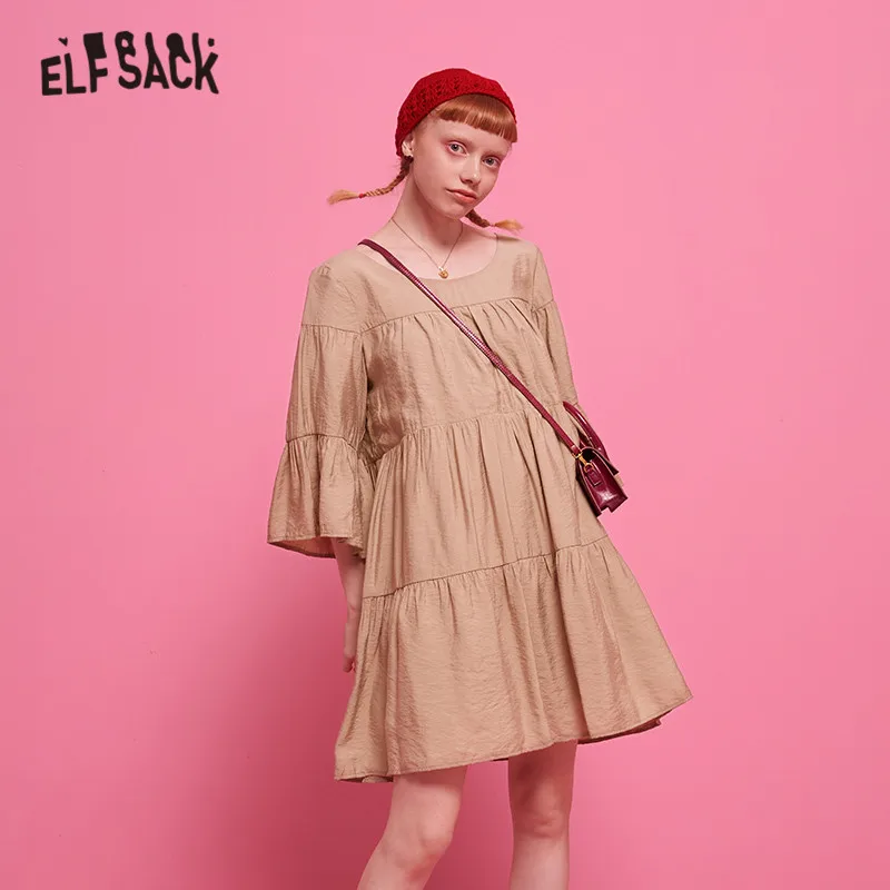 ELFSACK, зеленое однотонное Повседневное платье с оборками для женщин, осень, цвета хаки, с воланами, с рукавами, праздничные женские платья