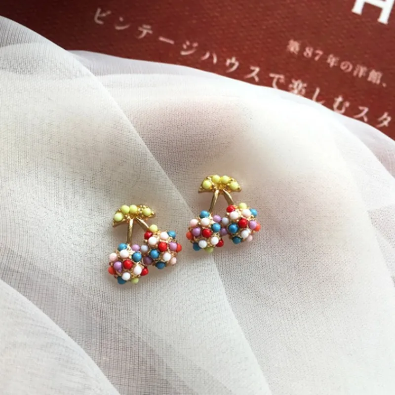

Japan Korea Dazzle Color Cherry Ear Nail Simple And Cute Earrings Small Group Ins Temperament Short Ear Clip
