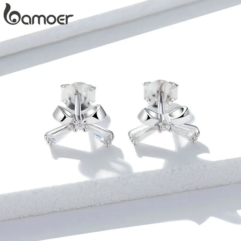 

bamoer Dazzling CZ Bowknot Silver Stud Earrings for Women Wedding Statement Jewelry 925 Sterling Silver Accessories Gifts GAE227