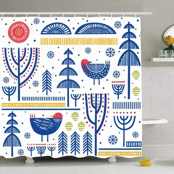 

Shower Curtain Nordic Birds Folk Pattern Scandinavian Abstract Rural Finnish Tree Danish Snowflake Swedish Design Waterproof
