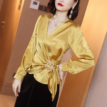 

Yellow Women's Long Sleeve Cross V-Neck Shirt Fashionable Elegant Women's Tops 2020 Spring Autumn Women's Chiffon Shirt 176