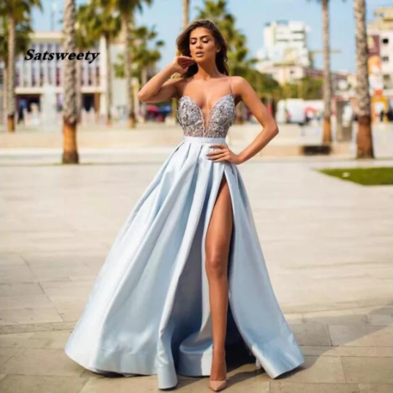 Vestido de noche de satén azul cielo 2022 línea a Sexy Top con abertura alta de encaje largo de graduación de celebridades vestidos de gala|Vestidos de noche| - AliExpress