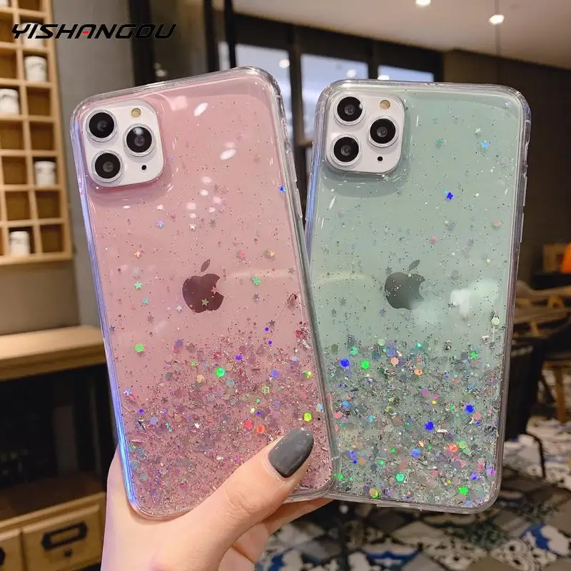 

YISHANGOU For iPhone 11 Pro Max XS XR X 8 7 6s Glitter Crystal Clear Epoxy Soft Case For iPhone 11 6 6s Plus Transparent Cover