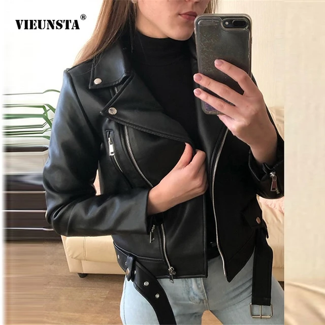 Winter Women's Zipper Artificial Leather Jacket Lapel Long Sleeve Short Coat PU Motorcycle Clothing Slim  1