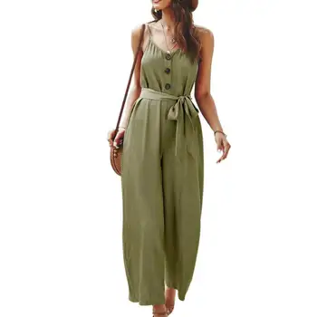 

Spaghetti Strap Jumpsuit Female Sets Sleeveless Backless Casual Wide Legs Jumpsuits 2020 Solid Color Elegnat Women Rompers