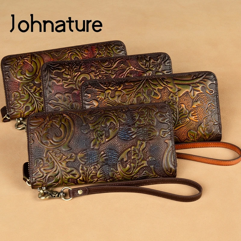 

Johnature Genuine Leather Long Women Wallets Card Holder 2022 New Vintage Embossed Large Clutch Wallet Cowhide Phone Purse
