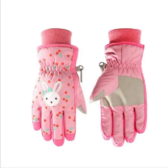 Ski gloves children's waterproof little white rabbit animation warm riding gloves - Цвет: Розовый