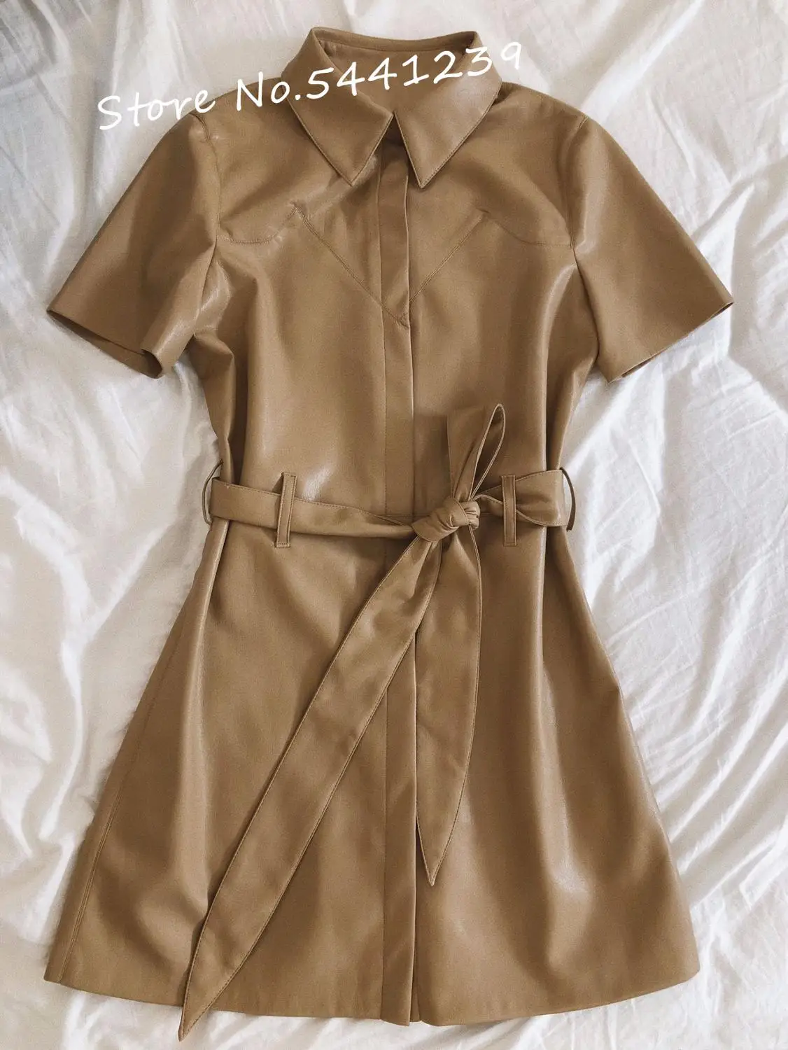 

Soft Leather Lace Up Short Style Dress With Pocket Women Simple Short Sleeve Mini Dress