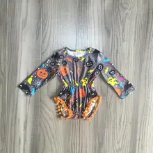 Хэллоуин молочного шелка для маленьких девочек, череп приведение в виде Тыквы Одежда для новорожденных комбинезон-пачка, хлопковый комбинезон с длинными рукавами и оборками, помпон