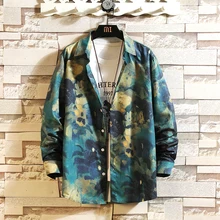 Camisas de vestido dos homens hip hop motim cão impresso manga longa jaqueta camisas bolsos algodão estendido streetwear