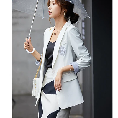 White Blazer Высокое качество, новая мода, Блейзер, куртка, белый, черный, Женский блейзер на одной пуговице с карманами - Цвет: White Blazer