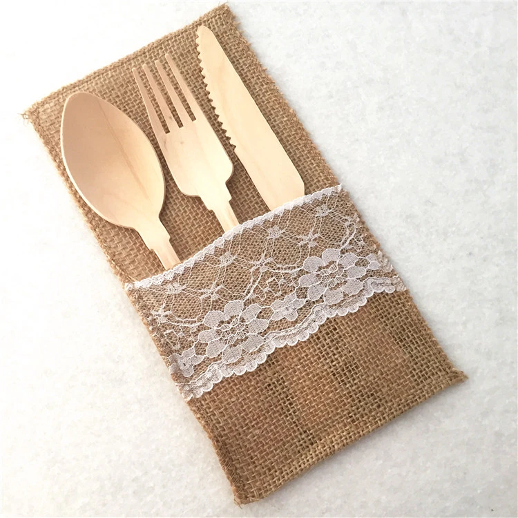 10pcs Burlap Lace Cutlery Holders Vintage Jute Cutlery Pocket Wedding Decor #Z