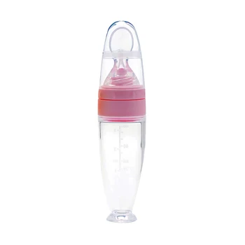 

90ml Easy Clean Suction Cup Hands Free Scale Detachable Toddler Leakproof Squeeze Safe With Spoon Silicone Baby Feeding Bottle