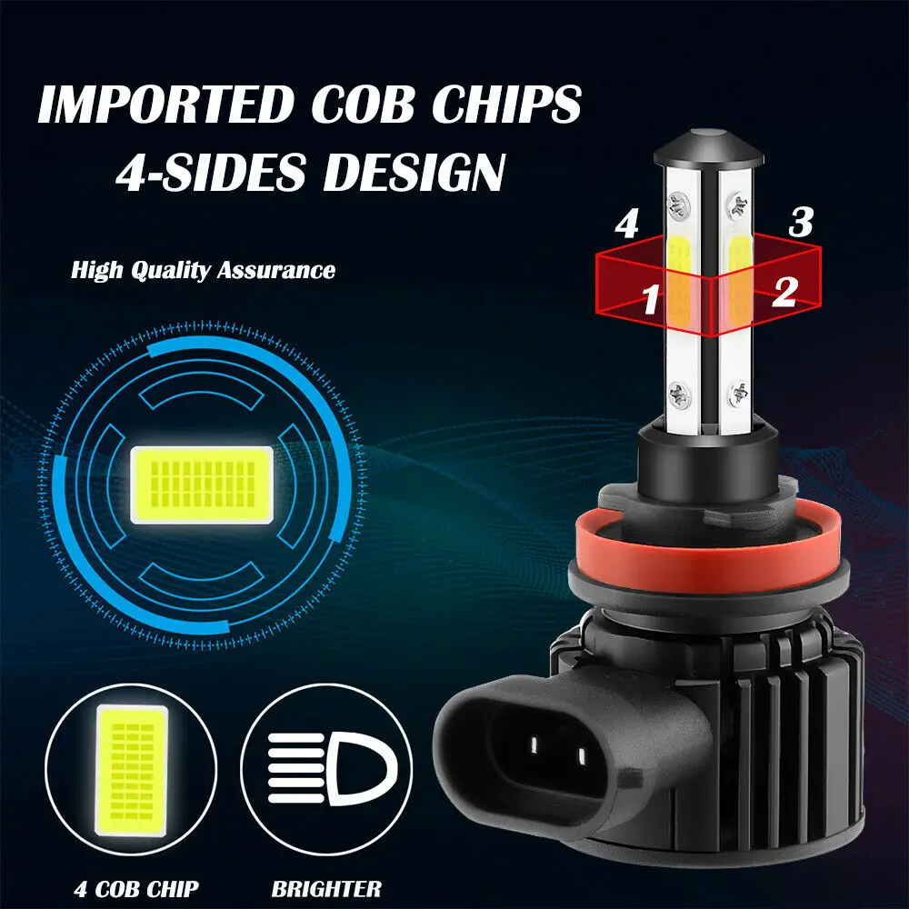 2pcs H7 LED H11 4 sides 10000LM H8 LED 9005 HB3 HB4 9006 Car Headlight Bulbs 6500K Cold White 8000K Ice Blue Auto Fog Light 12V