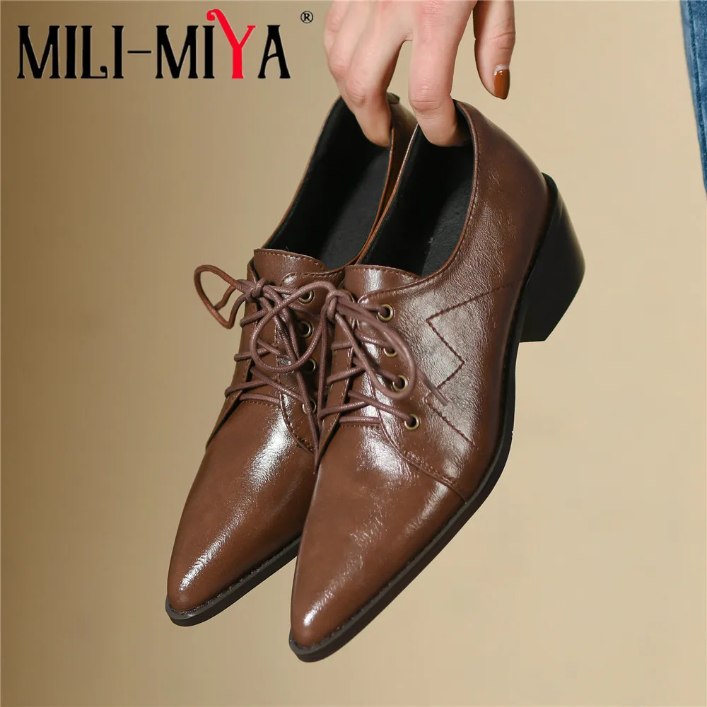 

MILI-MIYA Fashion Pointed Toe Women Cow Leather Pumps Lace Up Solid Color Thick Heels Big Size 34-43 Handmade For Ladies