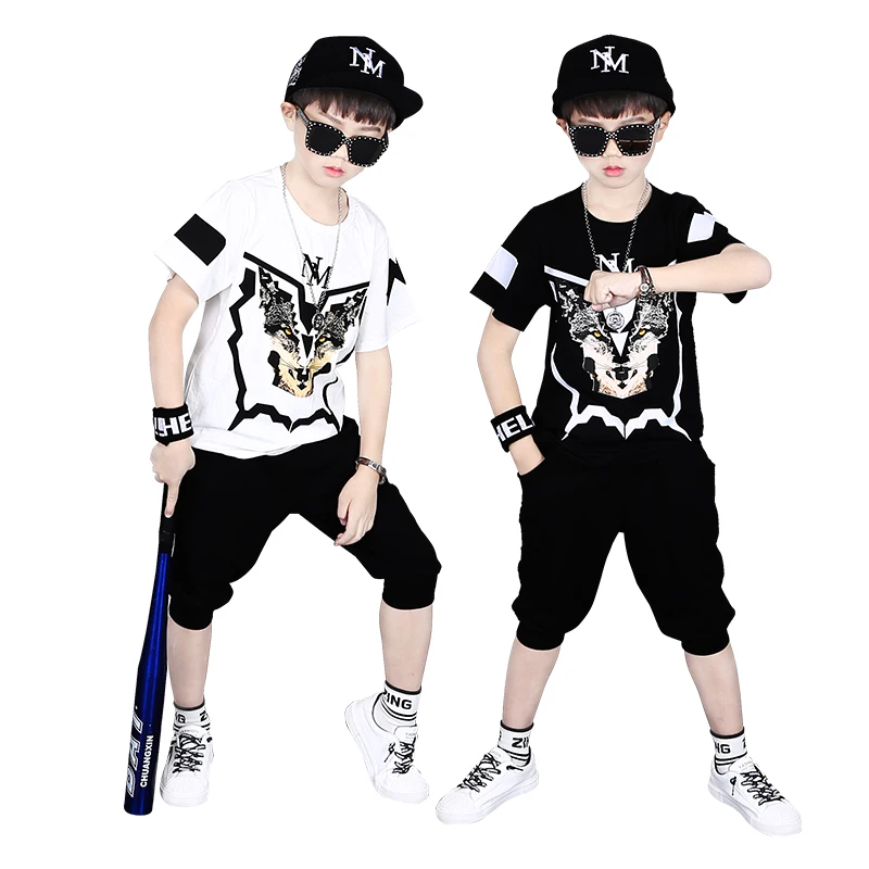 2 Pieces Suit Kids Teenage Boys Clothing Sets Hip-hop Dancing Sports Tracksuits Cotton Wolf T-shirt + Shorts Summer Outfits | Детская