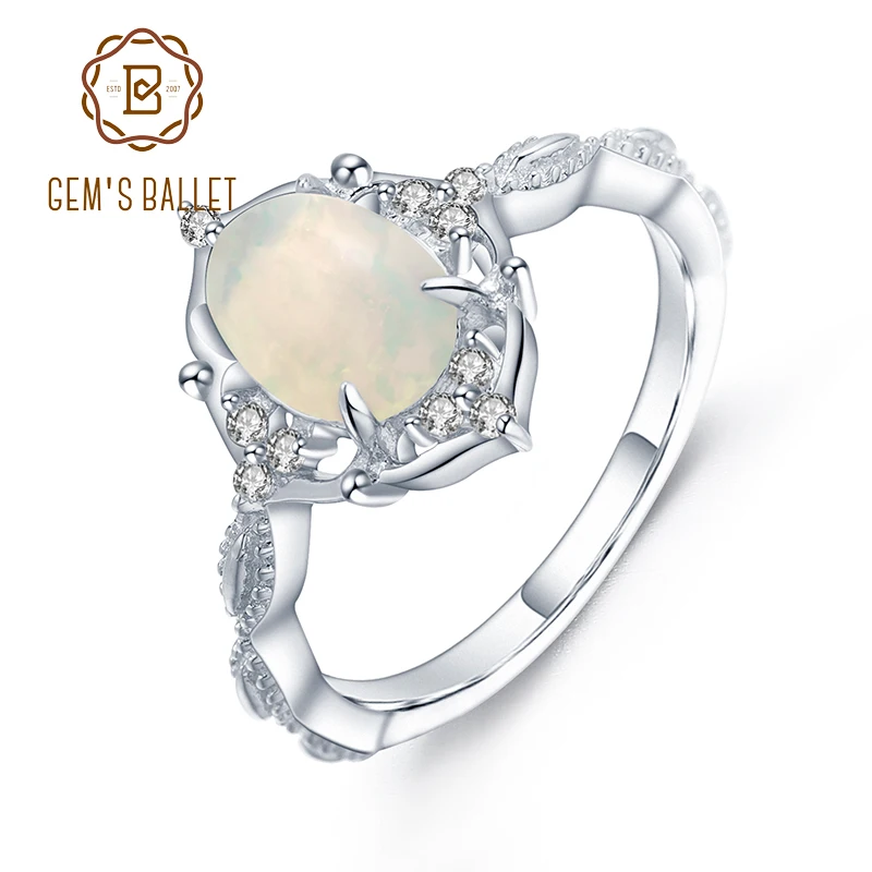 

GEM'S BALLET Real 925 Sterling Silver Vintage Engagement Rings Natural African Opal Gemstone Ring for Women Fine Jewelry