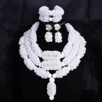 

4UJewelry Nigerian Necklace Sets for Women White 3 Layers Bold Jewellery Set With Bracelet and Earrings Crystal Beaded Balls New
