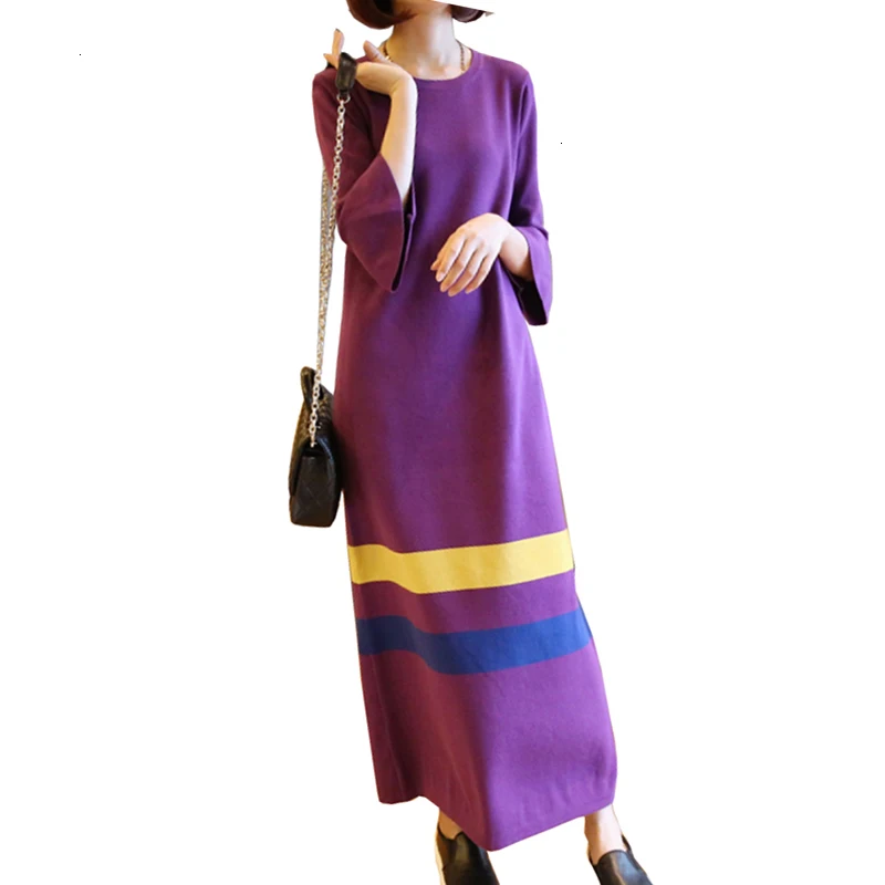 

Fashion Korean Flare Mouw knitted dress Restore Winter New Women Fashion Big Mate Elegant Long striped sweater dress