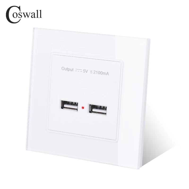 COSWALL настенная розетка с двумя usb-разъемами, умный индукционный зарядный порт для мобильного телефона 5 в 2,1 А, Выходная панель из закаленного стекла