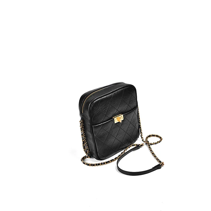 

[] Full-grain Leather Burst Crack Graceful Rhombus Chain Bag Genuine Leather 2019 New Style WOMEN'S Bag Fashion