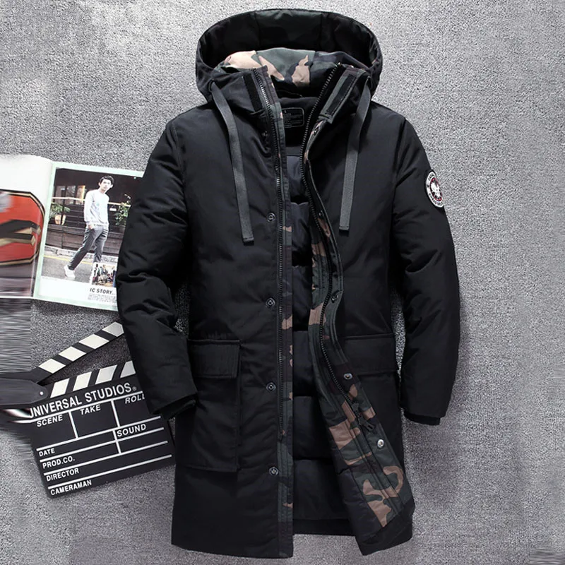 Зимняя длинная мужская куртка на утином пуху, черный и серый толстый мужской пуховик, теплая ветровка, длинная куртка для мужчин, большой размер 8857