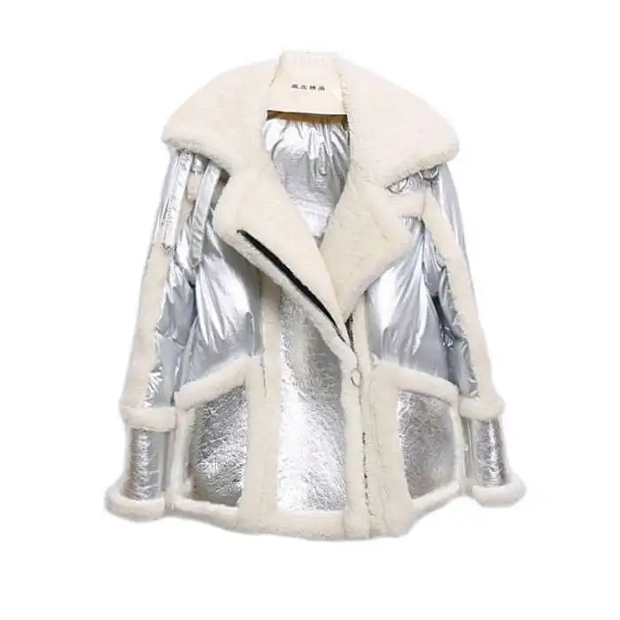 Зимняя женская серебряная куртка из овечьей шерсти, один пуховик, модное глянцевое хлопковое пальто со стоячим воротником, женская теплая верхняя одежда