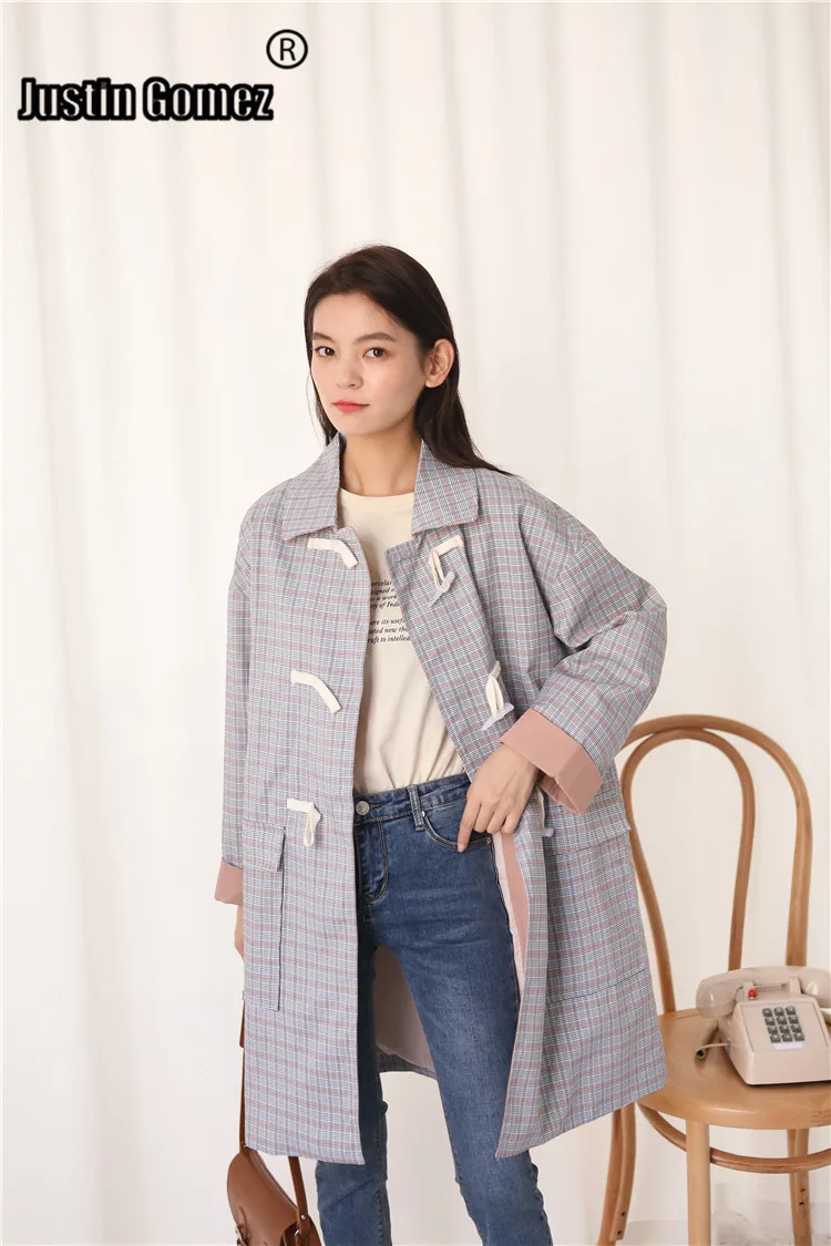 

Fashion Chic Checked Trench Coat Cow Horn Button Plaid Women's Coats Large Size Student Young Korean Style Women Windbreaker